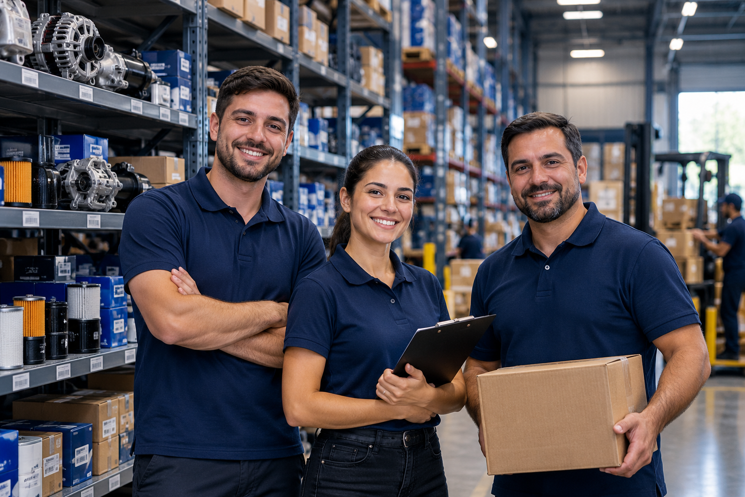 Equipe JNC Distribuidora no armazém de autopeças